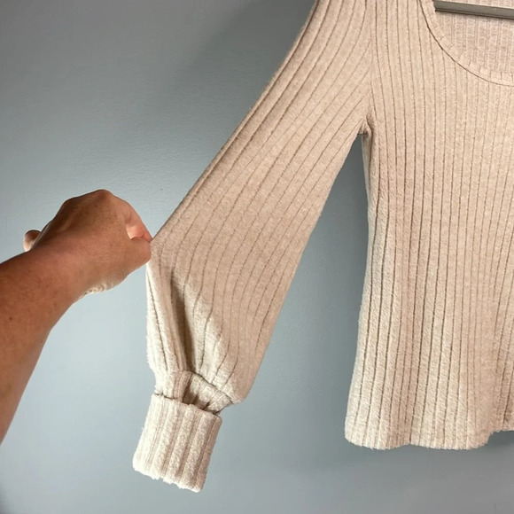 SHEIN Wide Ribbed Fuzzy Sweater Oatmeal Scoop Neck Cuffed Long Sleeve Stretch  M - Picture 6 of 11